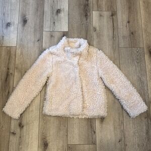 Ann Taylor Loft Button Jacket Womens Faux Fur Lounge‎ Lined Collared White Creme